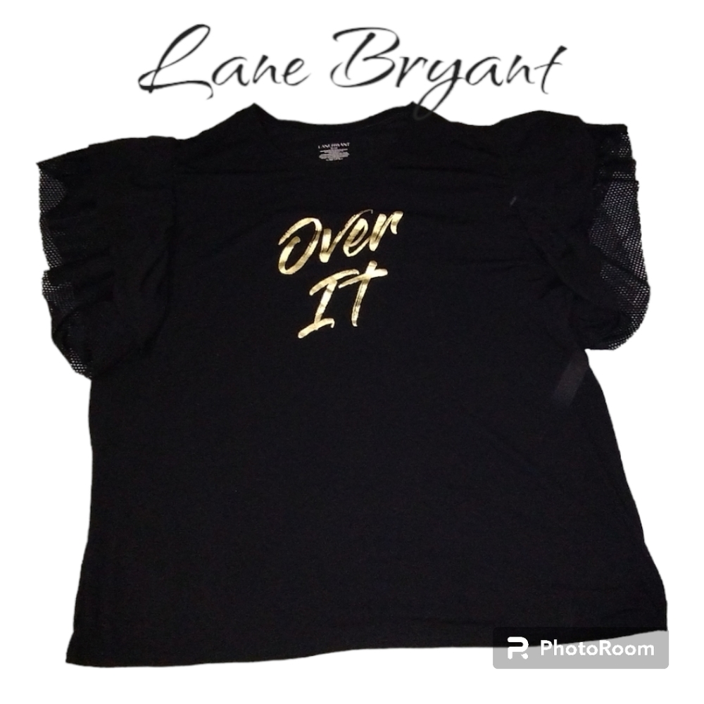 Lane Bryant 22/24 shirt top short sleeve black gold fishnet frilly ruffle cute